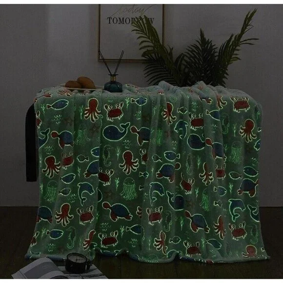 New Sea Turtle Glow in the Dark Plush Gift Throw Blanket Crab Dolphin Fish Whale - Picture 2 of 3